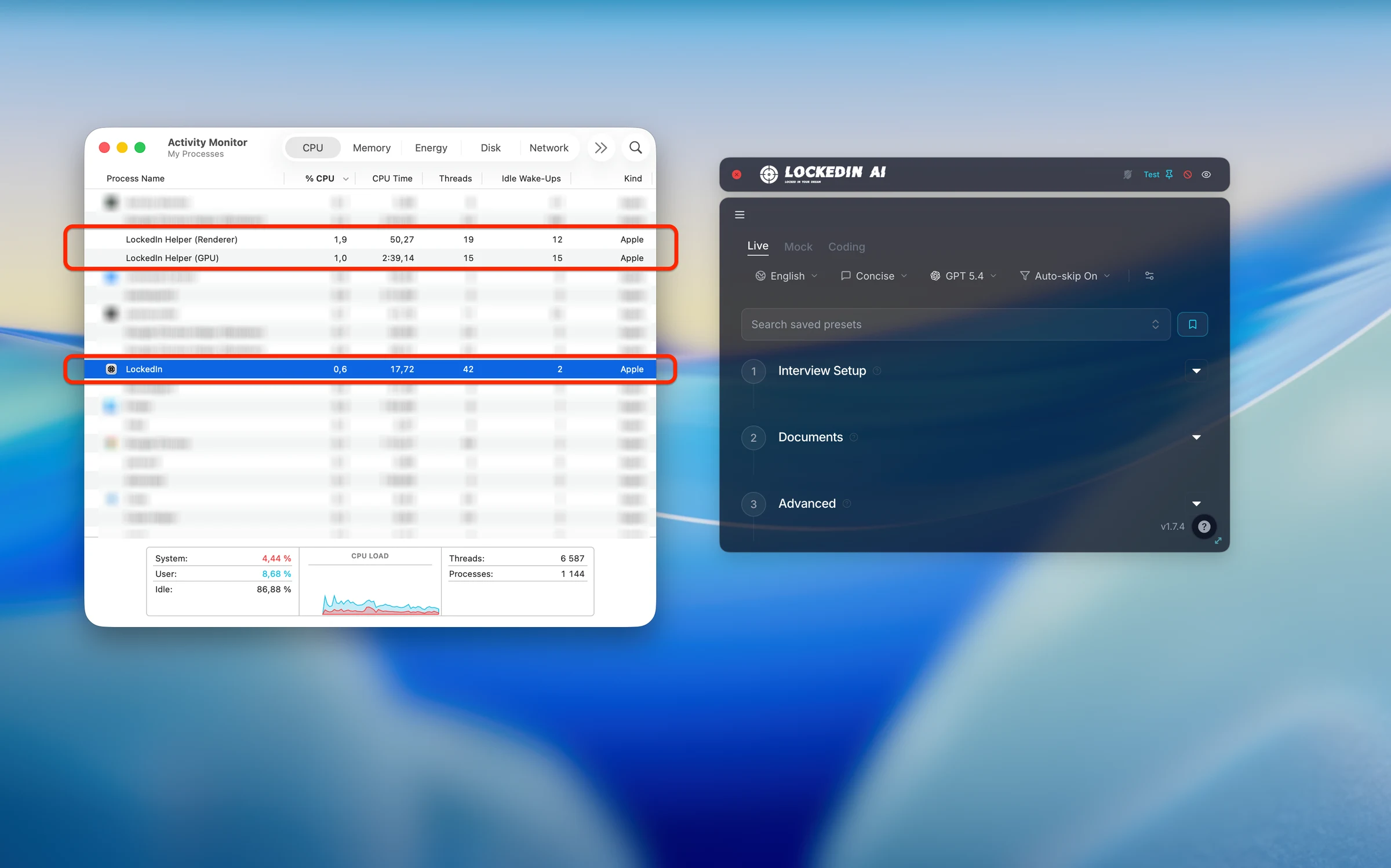Activity Monitor showing LockedIn and LockedIn helper processes with the brand icon