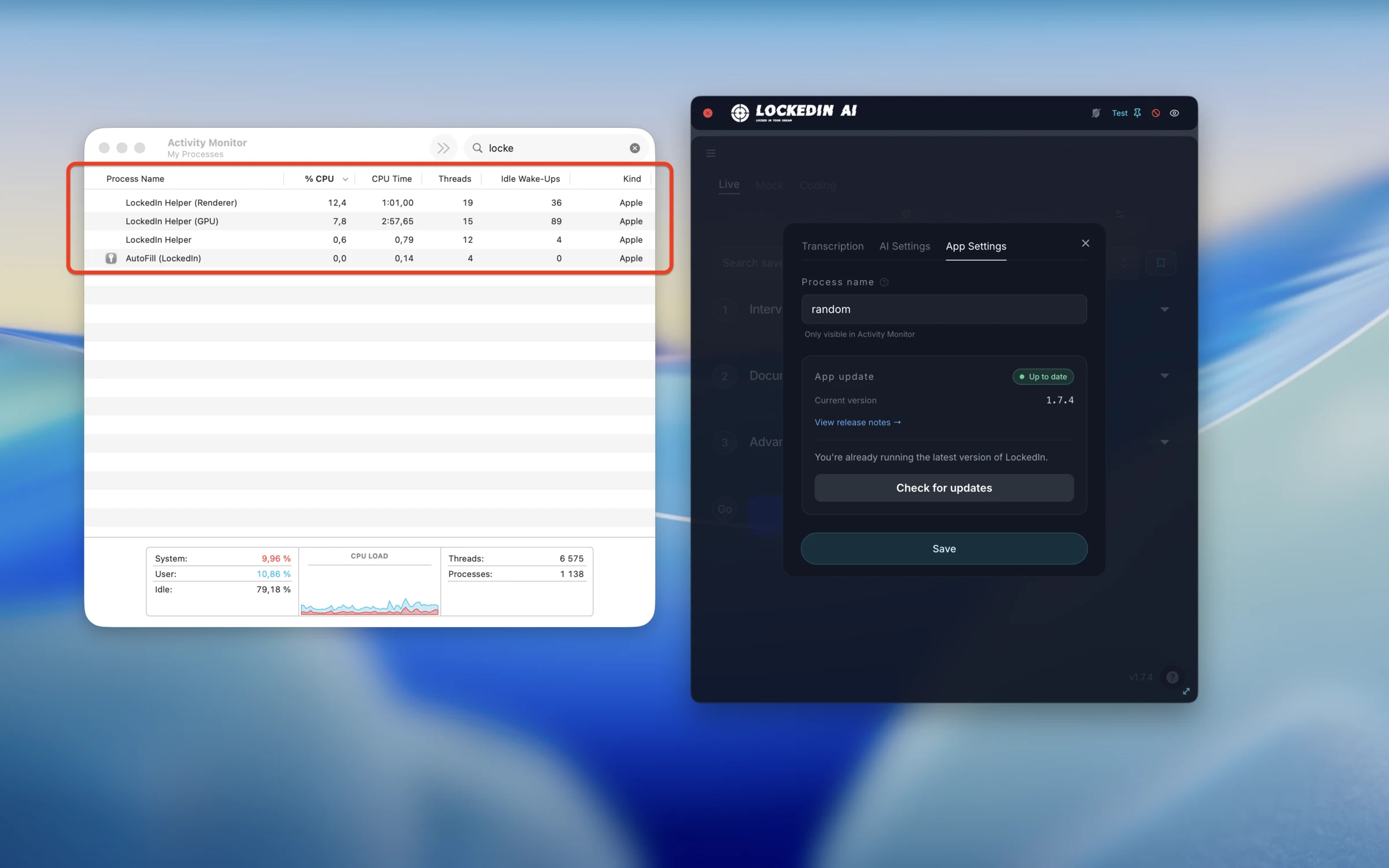 Activity Monitor showing LockedIn helper processes still visible after renaming the main process